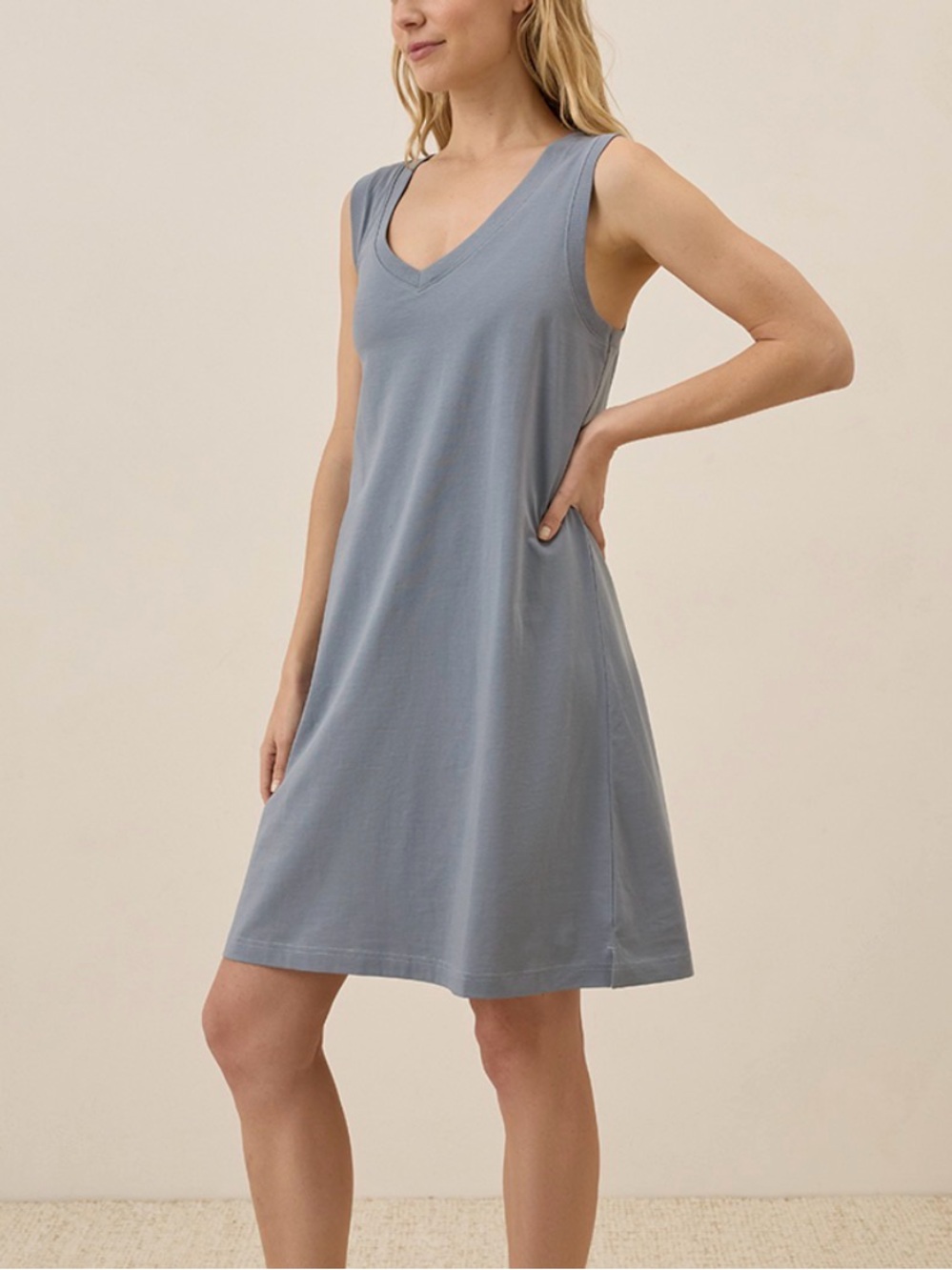 PACT softspun A-Line Tank Dress Sleeveless V-Neck Mini Dress in Dusty Blue